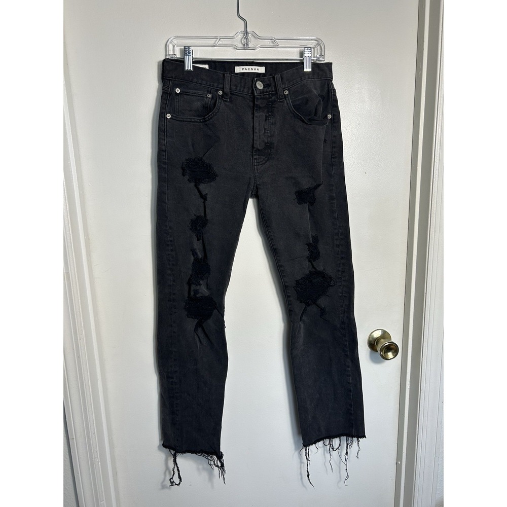 PacSun Mens Washed Black Slim Jeans Raw Hem Distressed Size 28 Street Wear Retro